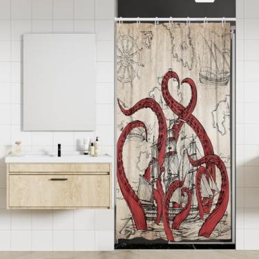 Imagem de Coxila Cortina de chuveiro polvo pequena única mini vermelho náutico vintage marrom divertido Kraken monstro oceano anime pirata mar legal navio vela aventura 91 x 182 centímetros tecido poliéster