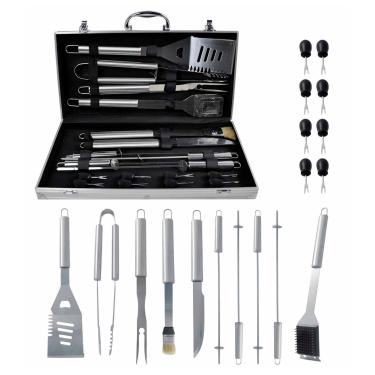 Imagem de Kit Churrasco Inox 18 Peças Completo Com Maleta Portátil Conjunto De Facas Garfo Espátula Espetos Utensílios Para Churrasco