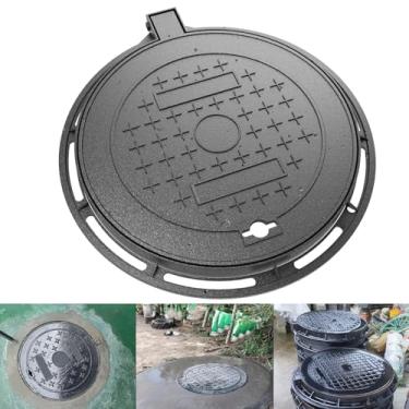 Imagem de Tampa de bueiro e moldura de ferro fundido, tampa de tanque séptico B125 de 50 cm com base, tampa de pia de esgoto redonda resistente, capa de bacia de esgoto reforçada antiderrapante, capa de