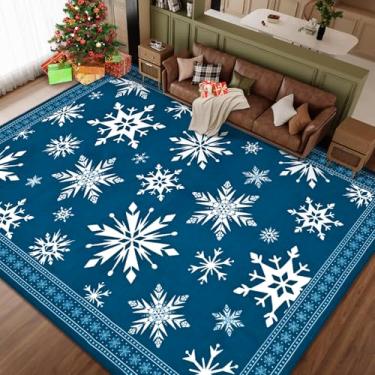 Imagem de ASPMIZ Tapetes de Natal para sala de estar, 20 x 25 cm, tapetes de floco de neve para quarto, tapete lavável azul de pelo baixo, tapete antiderrapante, tapete macio de lã sintética para entrada