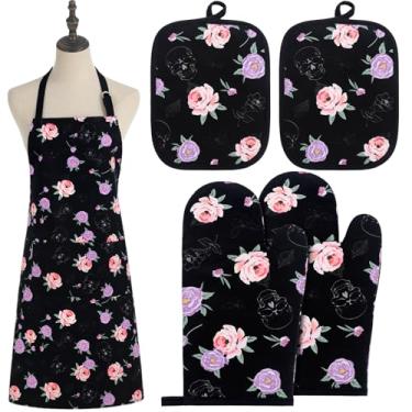 Imagem de Chicingyou 5 peças de avental de cozinha de flor de caveira gótica para mulheres e homens, luvas de forno e suportes de panela antiderrapantes resistentes ao calor para cozinha, cozinhar, assar