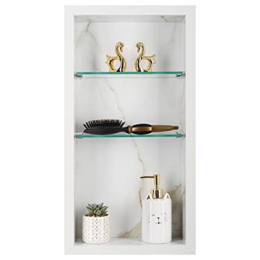 Imagem de Nicho Vertical em Porcelanato Polido (Calacata) - 2 Prateleiras de Vidro, Borda em Alumínio, 60x30x11 cm, Para Banheiro, Organizador de Produtos de Higiene