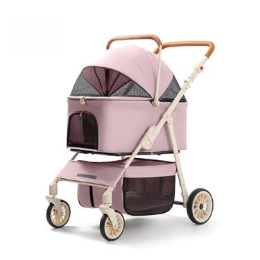 Imagem de Carrinho de bebê 3 em 1 para gatos e cães – deck superior de 16 kg e 5,9 kg inferior, suporte destacável, cesta de armazenamento, dobra com uma mão e freios de 4 rodas (rosa)
