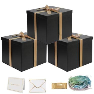 Imagem de YINUOYOUJIA Caixa de presente grande pacote com 3 30 x 30 x 25 cm, caixas pretas para presentes com fita, cartão, papel desfiado para aniversário, dia dos namorados, dia das mães, Natal e aniversários