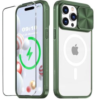 Imagem de WATEFULL Capa transparente MagSafe compatível com iPhone 15 Pro com protetor de câmera deslizante, [acesso ao botão de ação] [ímãs fortes] [anti amarelo] capa à prova de choque com 1 protetor de tela