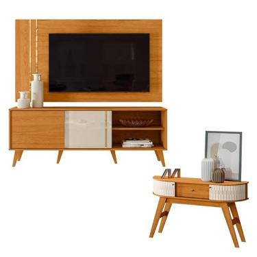 Imagem de Rack Bancada e Painel para TV Cronos com Aparador Estoril Cinamomo Off White - Madetec