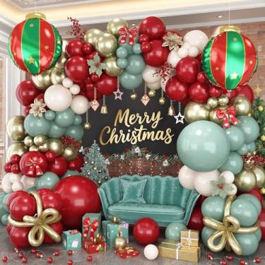 Imagem de Kit de arco de guirlanda de balões de Natal, 112 peças, borgonha, vermelho, sálvia empoeirada, verde, branco, dourado, conjunto de balões com bola de Natal para decoração de feliz Natal, aniversário