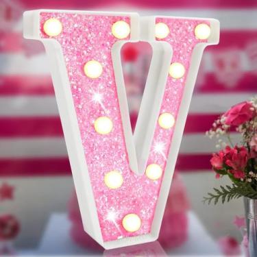 Imagem de Lâmpada Elnsivo Pink Glitter LED Letter V alimentada por bateria