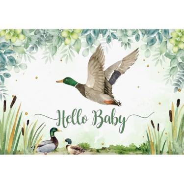 Imagem de Pano de fundo para chá de bebê de 1,5 x 0,9 m Hello Baby Mallard Duck fundo fotográfico verde água prado plantas crianças revelam gênero recém-nascido festa foto adereços