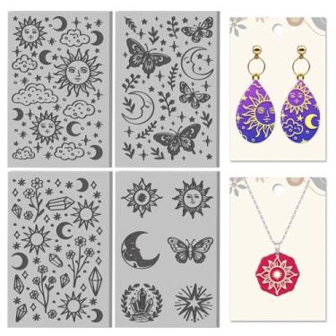 Imagem de CHGCRAFT 4 folhas, sol e lua, elementos de adivinhação, textura de argila, padrão de flores, folhas de textura de argila de polímero, ferramentas DIY para brincos de cerâmica, máquinas de gravação de