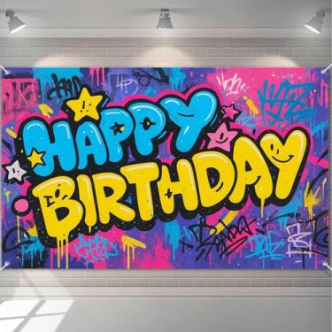 Imagem de HOMETITUTE Banner de Feliz Aniversário Graffiti Desenho Animado Pintura em Spray Estrelas Azul Amarelo Letras Neon Estilo Urbano Decoração de Eventos de Férias Faixa de Aniversário Festa Interior