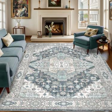 Imagem de Dotiiorug 20 x 25 tapetes laváveis vintage boho floral para sala de estar quarto, tapete antiderrapante de pelo baixo 051 azul bege multi