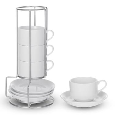Imagem de mekueeex Conjunto de 4 xícaras de café expresso de 75 g, xícaras de café empilháveis de porcelana com pires e suporte de metal