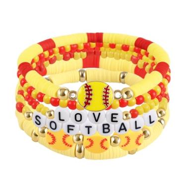 Imagem de PLwelth 6 peças de pulseiras de softbol para mulheres, pulseiras esportivas com contas de argila, pulseiras empilháveis com contas douradas feitas à mão, pulseira elástica com bola esportiva
