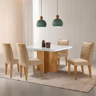 Imagem de Sala de Jantar Mesa 90cm Olímpia em MDF com Vidro Canto Copo 4 Cadeiras Liz Moderna Mobilia - Turim 07/Off/Naturale/Serig. Off