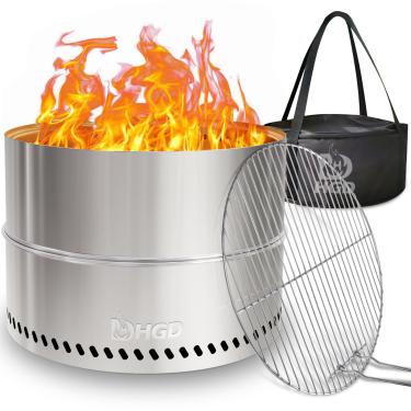 Imagem de HGD Fogueira sem fumaça de 50 cm com churrasqueira, lareira portátil a lenha para acampamento e quintal, lareira externa de aço inoxidável com bolsa de viagem, fácil configuração e armazenamento