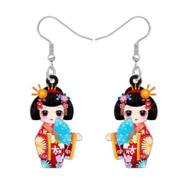 Imagem de Brincos pendentes de acrílico com pingente de boneca tradicional japonesa kokeshi, quimono cultural japonês, presentes para mulheres, fãs de anime, acessórios de cosplay, Medium, Acrílico, Sem pedra