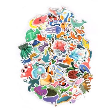 Imagem de 100 adesivos com tema oceano, animais submarinos e tartarugas, decalques de vinil à prova d'água para garrafas de água, laptops, pacote de adesivos de vida marinha para decorações de festa na praia