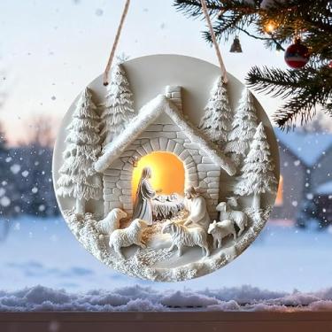 Imagem de Pôsteres e impressões 2D redondos de alumínio, decoração de parede e porta, noite santa, ótimo presente para colegas de trabalho, irmão, irmãs, amigos (com corda) (branco)