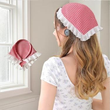 Imagem de Bandanas vintage guingão com acabamento em renda – faixas de cabelo xadrez elegantes para mulheres, lenços de cabeça modernos com babados, 1 Vermelho, 1 Count (Pack of 1)
