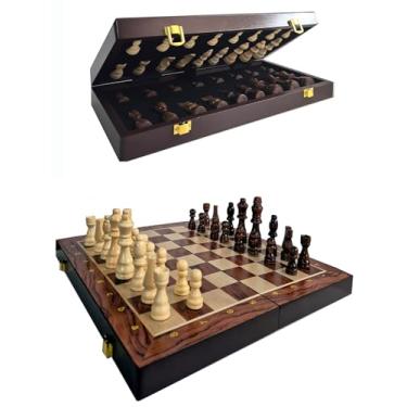 Imagem de Jogo de Xadrez Luxo, Tabuleiro em Madeira Dobrável com Machetaria, 29x29cm, 34 Peças Artesanais, Estojo com Fecho Metálico, Interior com Espuma Moldada, Numeração Lateral para Estudo