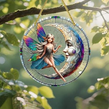 Imagem de Acrílico colorido Suncatcher, fada na lua crescente, decoração de parede de janela suspensa de 18 cm com design de estilo vitral impresso, ideia de presente e ornamento de jardim, uso interno e