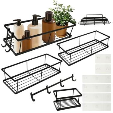 Imagem de Conjunto de 6 peças de organizador de chuveiro de aço carbono sem perfuração, suporte de armazenamento de parede de grande capacidade para casa, cozinha, banheiro ZJMCAJY