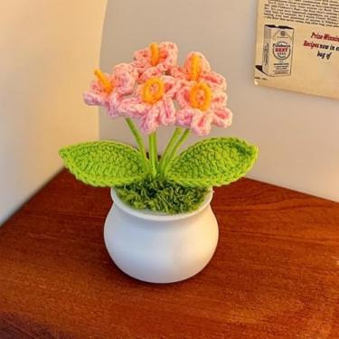 Imagem de Vaso de flores de crochê, Forget Me Not, miniflores artificiais, feito à mão, tricotado para casa, escritório, mesa, carro, decoração interna, presente de apreciação de aniversário atencioso para