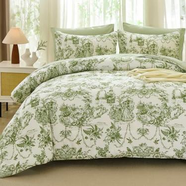Imagem de Xruibed Conjunto de edredom king verde sálvia, cama botânica Toile de Jouy em uma bolsa, conjunto de edredom boêmio com lençol, fronhas, fronhas, conjunto de cama de microfibra macia para todas as