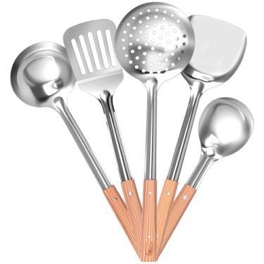 Imagem de Conjunto de 5 utensílios de cozinha, colher com fenda de aço inoxidável, concha de sopa, colher sólida, espátula e pá de wok, utensílio de cozinha de fácil limpeza resistente ao calor para casa