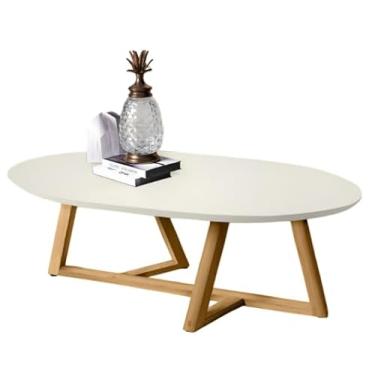 Imagem de Mesinha De Centro De Sala Classic Oval Pés De Madeira Maciça- Design Atemporal e Seguro para Famílias - Ideal para Sala de Estar com Crianças(Off White)