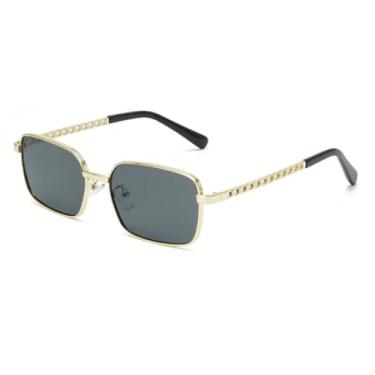 Imagem de HCPIHF Óculos retangulares vintage femininos, armação de metal, lentes transparentes, UV400, óculos de sol da moda (dourado e preto)