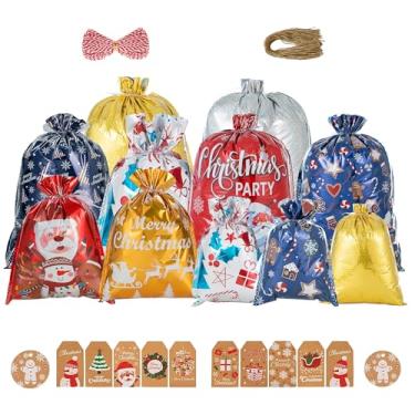 Imagem de OOOPEL Sacos de Natal com cordão, reutilizáveis, médios/grandes/pequenos, vários tamanhos, saco de presente de plástico cortado resistente com cordão, sacos de embrulho de Natal com cartões