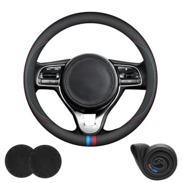 Imagem de Erivis Capa de volante de carro redonda e em forma de D universal para acessórios Kia Sportage Telluride Sorento Carnival Soul, fundo plano de 35 a 38 cm, couro napa com logotipo, antiderrapante e