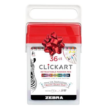 Imagem de Zebra Pen ClickArt Caneta esferográfica retrátil em cores sortidas, pacote com 36, ponta fina de 0,6 mm, tinta à base de água sem tampa, tecnologia de absorção de umidade, material escolar, marcadores