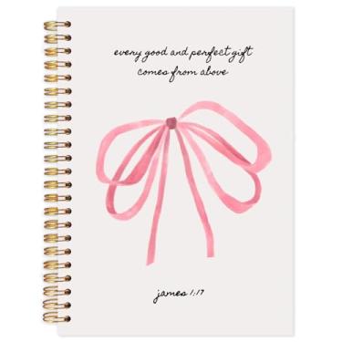 Imagem de Yhtrg Caderno espiral cristão com laço rosa Coquette, caderno de escrituras bíblicas para mulheres, diários estéticos preppy rosa, cadernos bíblicos para material escolar de escritório, 13 x 21 cm