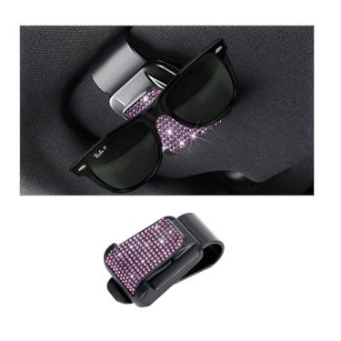 Imagem de FALVFUN Porta-óculos de sol Bling Car Sun Visor, suporte de gancho de óculos de cristal strass, clipe de cartão de bilhete de diamante brilhante para mulheres e meninas, universal para veículos (rosa