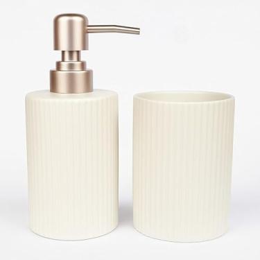 Imagem de Kit Banheiro Lavabo 2 Peças Porta Sabonete Escova Decorativo Cerâmica Canelado| Conjunto para Lavabo, Banheiro Social ou Suíte | Decoração e Organização para Casa(Branco)