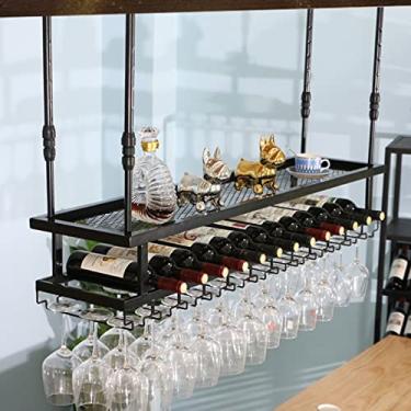 Imagem de Prateleira de teto 2 níveis, rack de vinho industrial de teto ajustável, rack de armazenamento de bar, suporte de vinho/100 cm