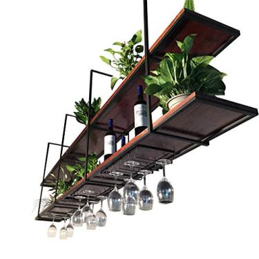 Imagem de Suporte de pendurar rack de vinho de madeira de ferro americano com suporte para copo de vinho, suporte de garrafa de vinho pendurado, suporte decorativo criativo de flores para plantas, para