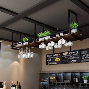 Imagem de Prateleiras suspensas no teto - rack de vinho suspenso, rack de garrafa de vinho de parede, rack de vinho de madeira maciça suspenso no teto, rack de vinho de ferro multifuncional, rack de exibição