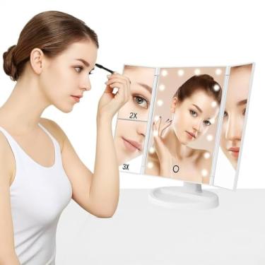 Imagem de Espelho de Maquiagem LED Triplo Dobrável, Branco, com Iluminação Ajustável, Ampliação 2x e 3x, Rotação 180°,Espelhos Faciais para Maquiagem e Skincare