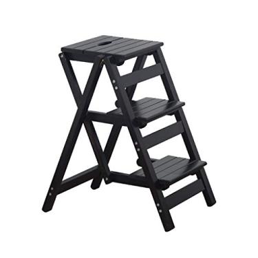 Imagem de Banqueta dobrável de madeira, cadeira de escada dobrável para biblioteca, escada de madeira, cadeira de escada doméstica, capacidade de 200 kg, antiderrapante, pedal largo e resistente (preto, 3
