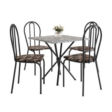 Imagem de Conjunto de Mesa Quadrada com Tampo Granito e 4 Cadeiras Léia Revestimento Sintético Preto e Palha