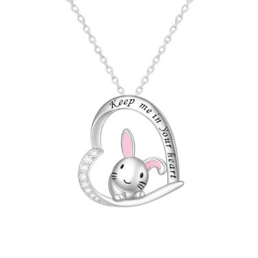 Imagem de SUPAC Par de coelhos e colar com pingente de coração Always in My Heart - Liga banhada a ouro branco com detalhes em resina, presente de aniversário ou amizade, mais de 3 opções, Adjustable, Metal