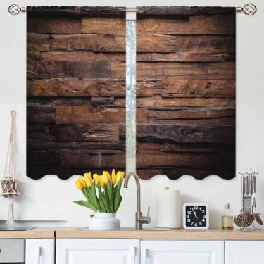 Imagem de Gpiaoyfo Cortinas de cozinha com textura de madeira escura rústica marrom design de madeira antiga cortinas de camada curta para banheiro café cortinas pequenas tratamento 2 painéis (27,5 x 39
