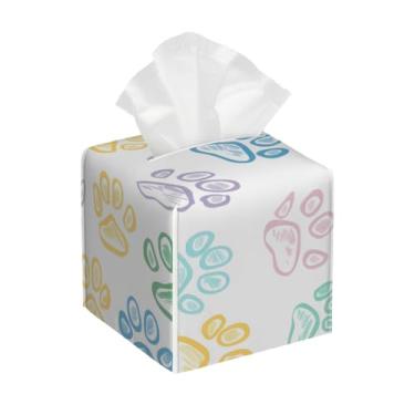 Imagem de Capa quadrada de couro para caixa de lenços à prova d'água, estampas de patas, organizador de papel facial colorido fofo com cinto inferior, estojo de lenços para mesa, banheiro, escritório, mesa