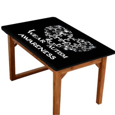 Imagem de Toalha de mesa retangular de 1,8 m com elástico, elástica, preta, autismo, coração, elástico, retangular, capa protetora de mesa lavável à prova d'água para piquenique, jantar, cozinha, decoração ao