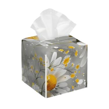 Imagem de Porta-lenços de couro quadrado à prova d'água margarida retrô flor facial organizador de papel com cinto inferior cubo estojo de lenços para mesa, banheiro, escritório, mesa, carro, decorativo