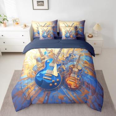 Imagem de Feelyou Jogo de cama solteiro com edredom de guitarra e música rock, para meninos e meninas, adolescentes, amarelo, azul, 7 peças, microfibra leve e macia